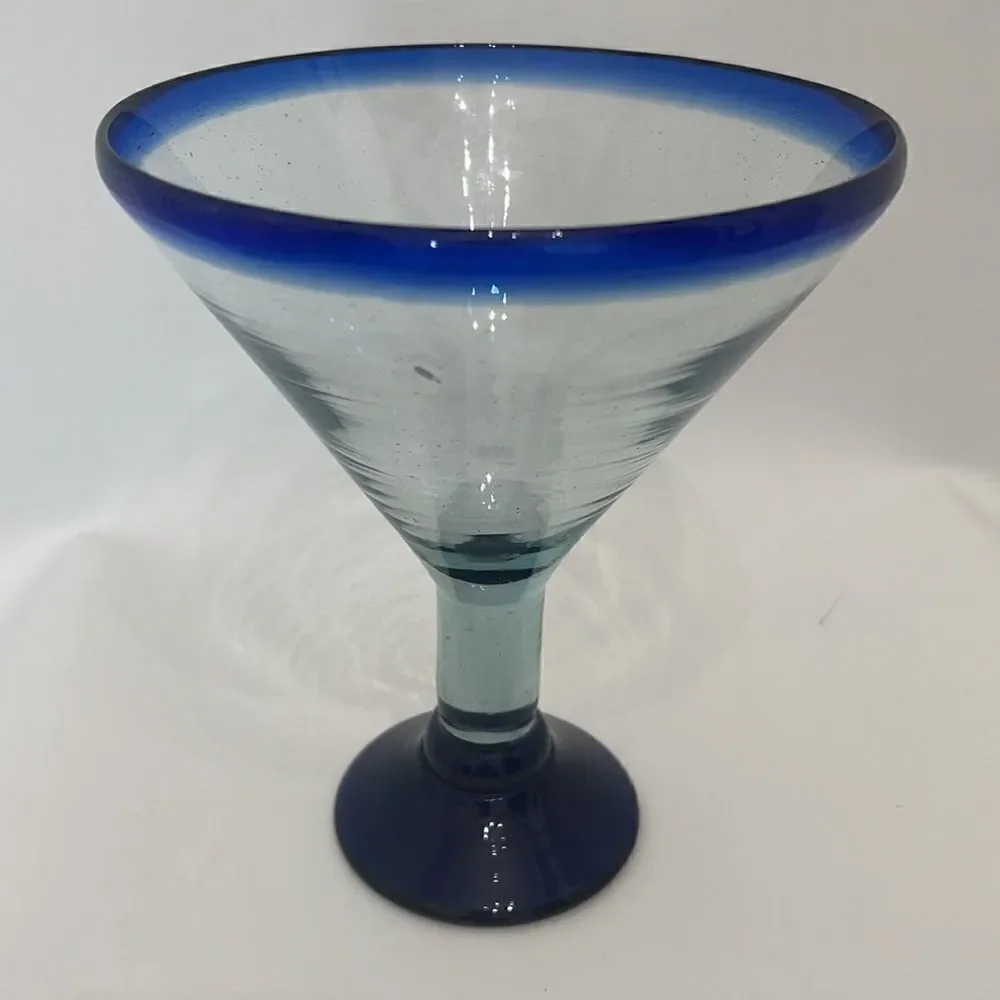 Blue Margarita Glass Hand Blown 4 Cups 6 1/2 In Round 7 3/4 Tall